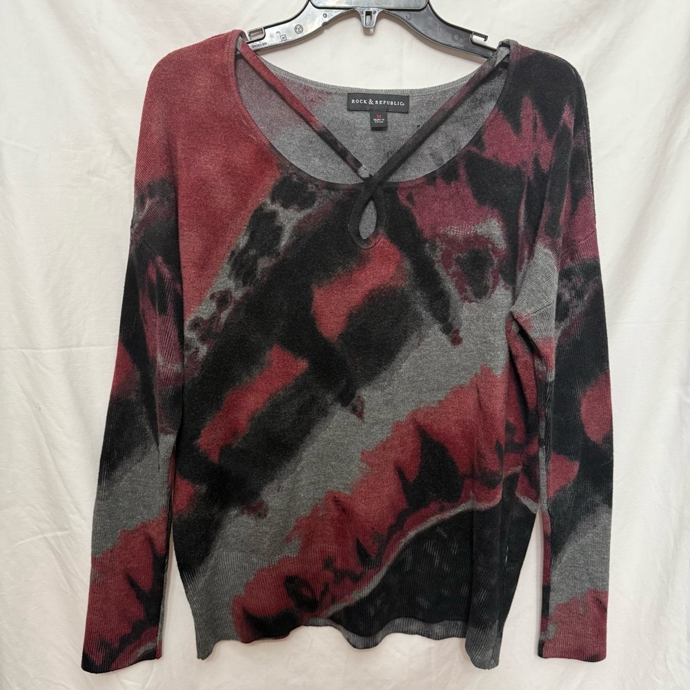 Rock & Republic Wine and Black Tie-Dye Long Sleeve Thin Sweater, M